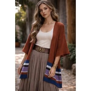 Kerisma Boho Open Knit Cardigan Rust Stripe Hem Mohair Wool Kimono Sleeve O/S